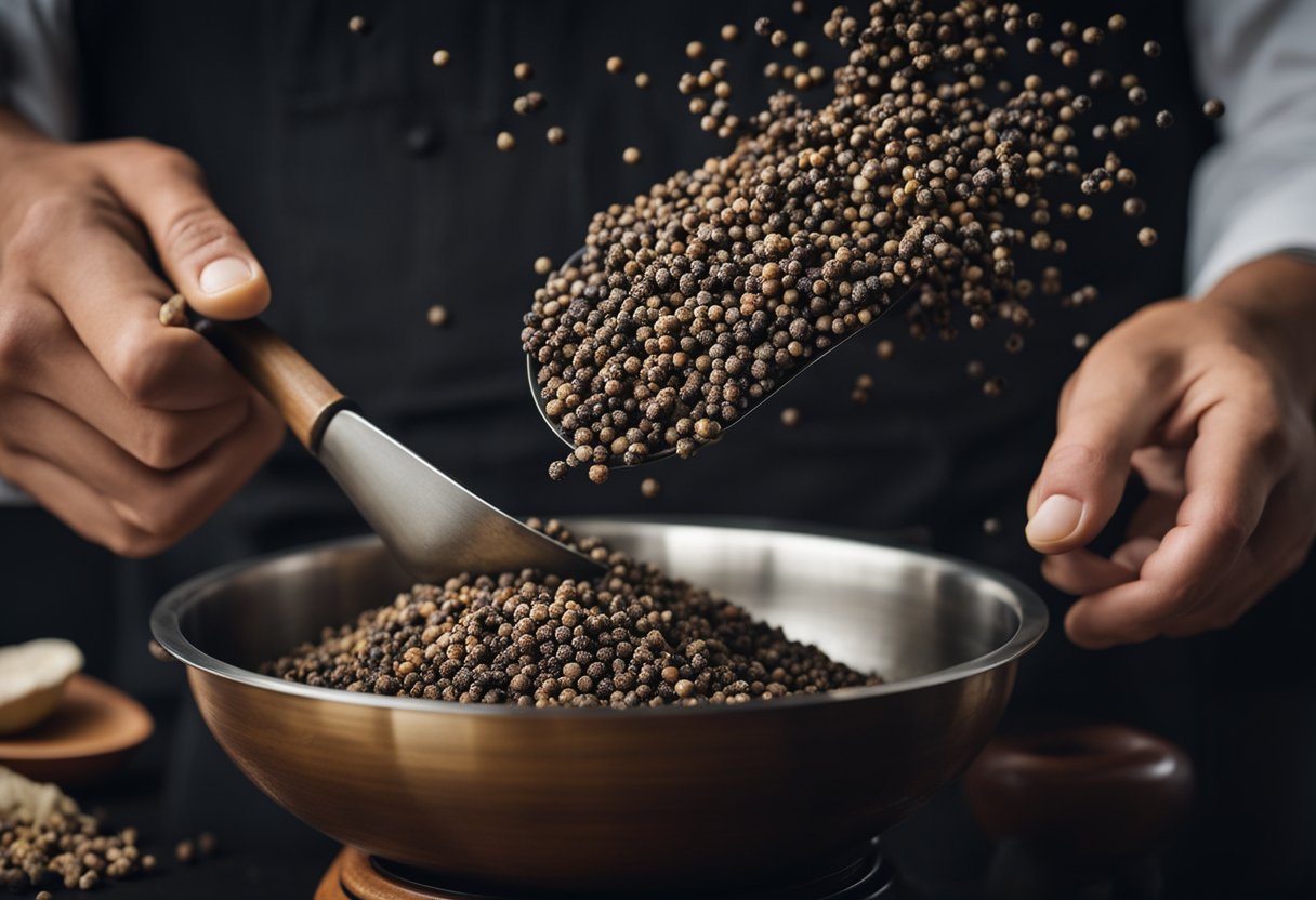 A Chinese chef grinds black peppercorns with a mortar and pestle, while a skillet sizzles with chunks of chicken and aromatic spices