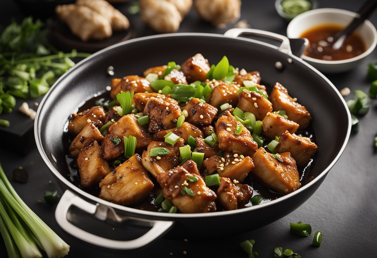 A sizzling wok cooks up tender chunks of chicken, coated in a fragrant black pepper sauce. Surrounding ingredients like garlic, ginger, and green onions add depth to the dish