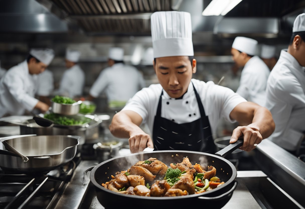 A chef in a bustling kitchen, surrounded by various ingredients, stirring a sizzling wok filled with aromatic black pepper chicken