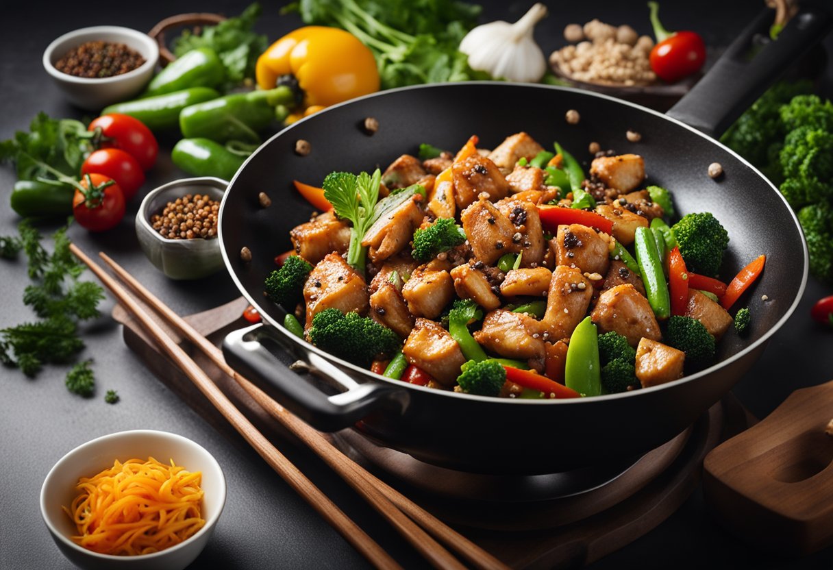 A Chinese chef stir-fries black pepper chicken in a sizzling wok, surrounded by vibrant vegetables and aromatic spices