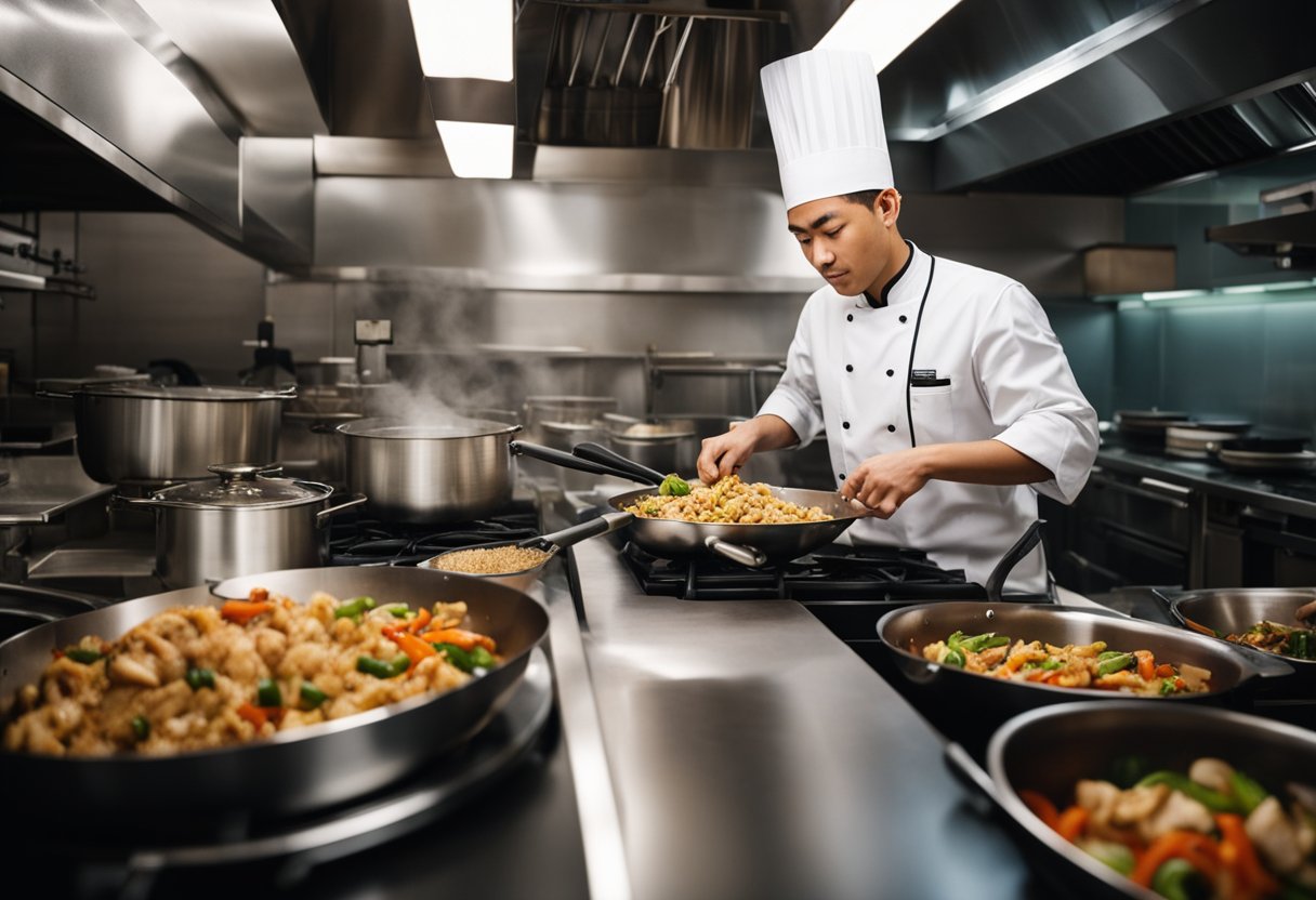 A chef in a bustling kitchen stir-fries marinated chicken with black pepper, onions, and bell peppers in a sizzling wok