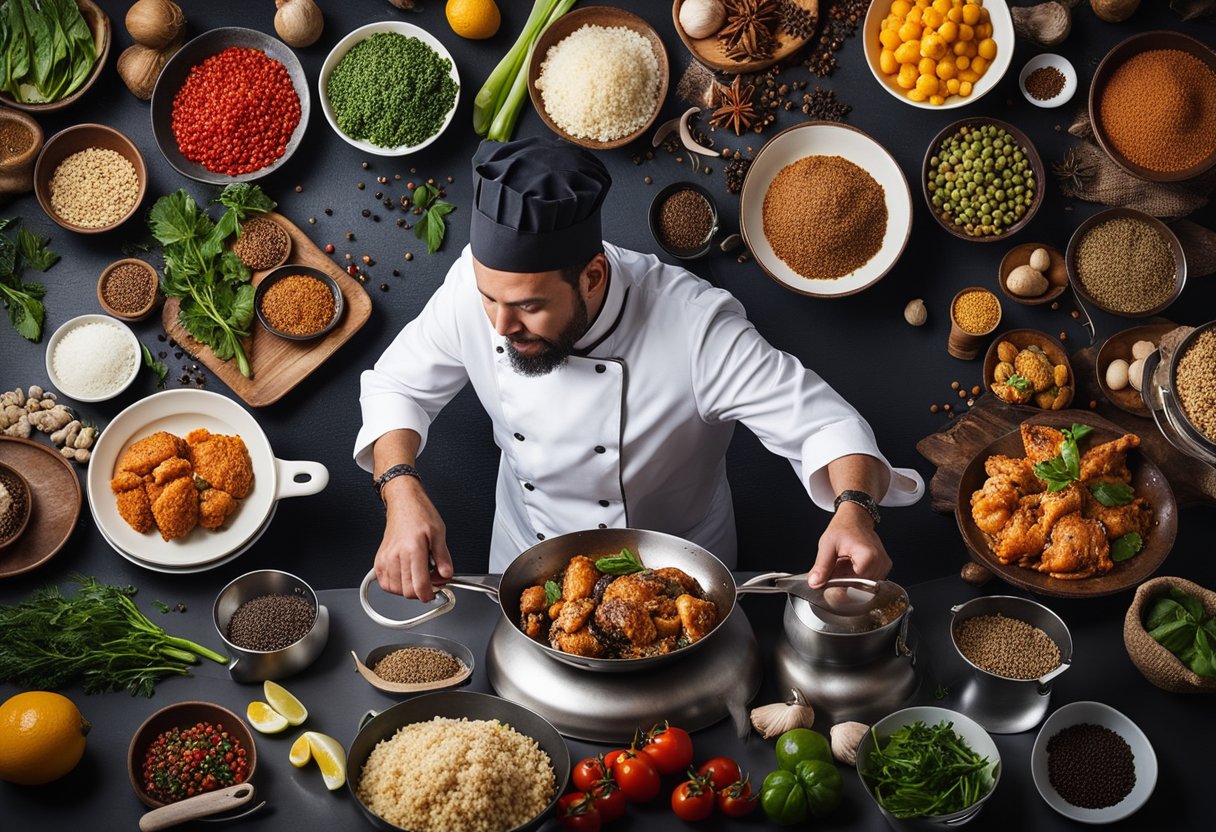 A chef in a bustling kitchen, surrounded by colorful ingredients and spices, expertly preparing a sizzling dish of Black Pepper Chicken