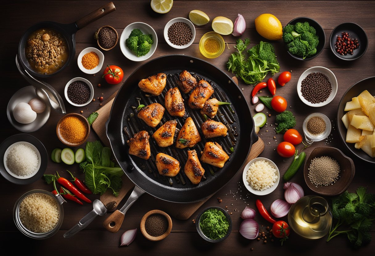 A chef prepares a sizzling plate of black pepper chicken, surrounded by various ingredients and cooking utensils on a wooden kitchen counter