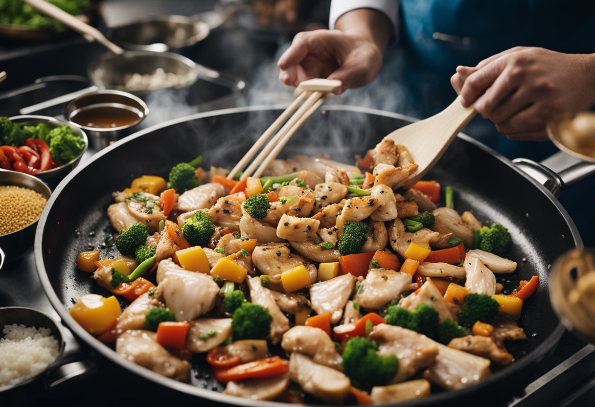 A chef in a bustling kitchen adds a dash of black pepper to a sizzling wok of chicken, surrounded by colorful ingredients and cooking utensils