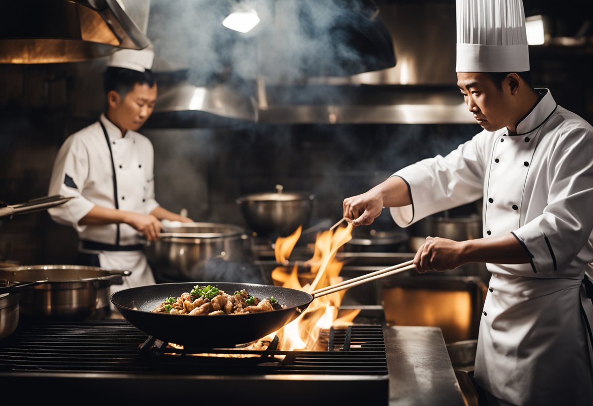 A chef in a traditional Chinese kitchen, stir-frying black pepper chicken in a sizzling wok over a high flame