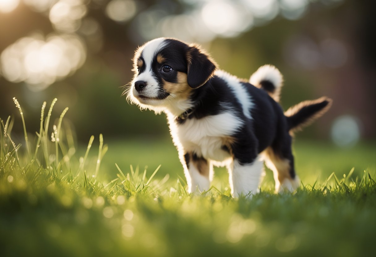 A small puppy with wagging tail and lifted hind leg, excitedly peeing on the grass