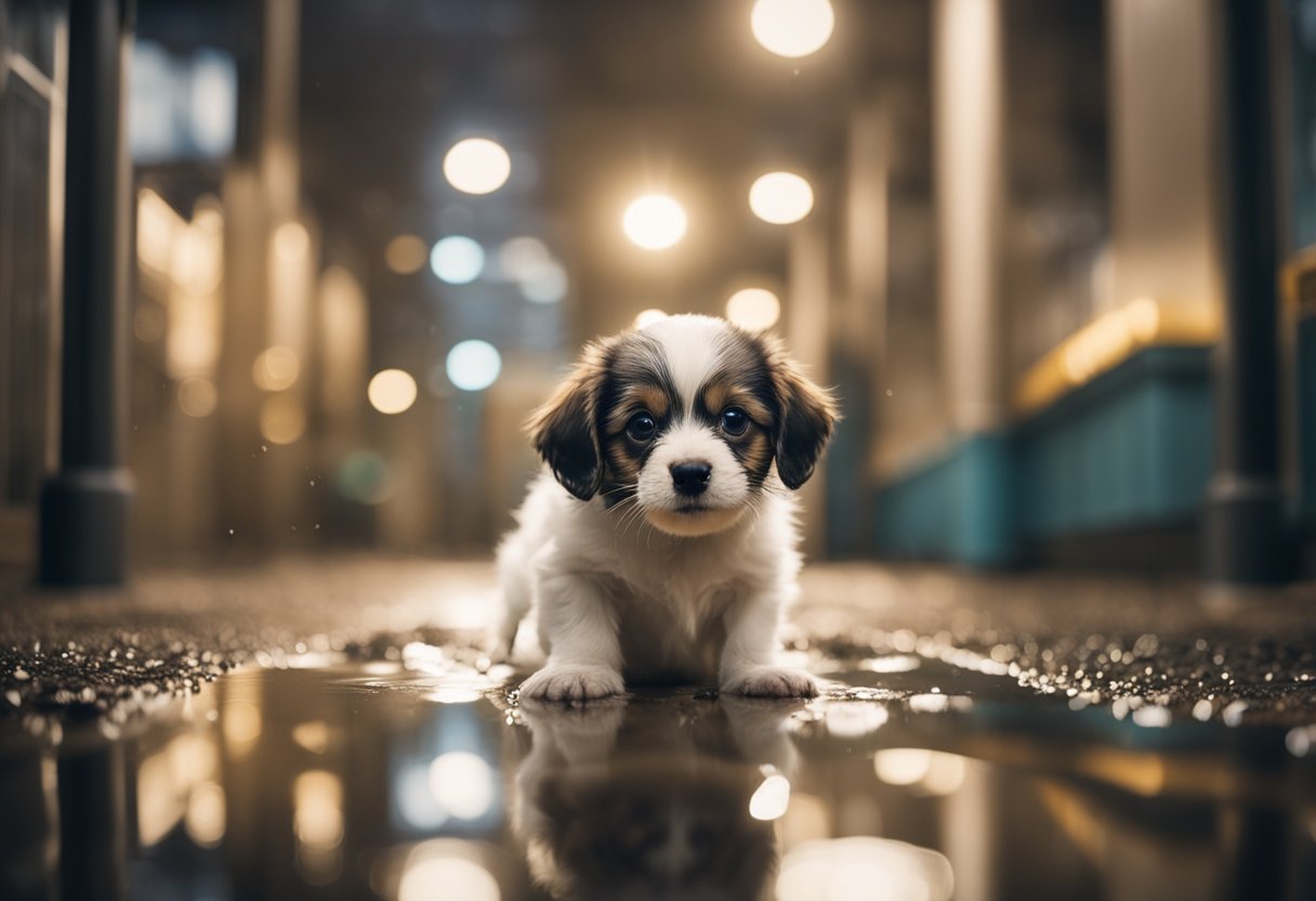 A small puppy with wagging tail and lifted leg, surrounded by a puddle of urine on the floor