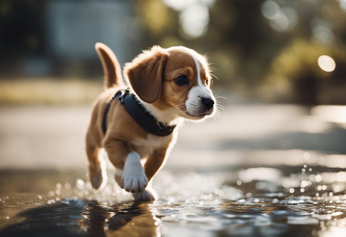 A puppy with wagging tail and lifted leg, leaving a small puddle on the floor