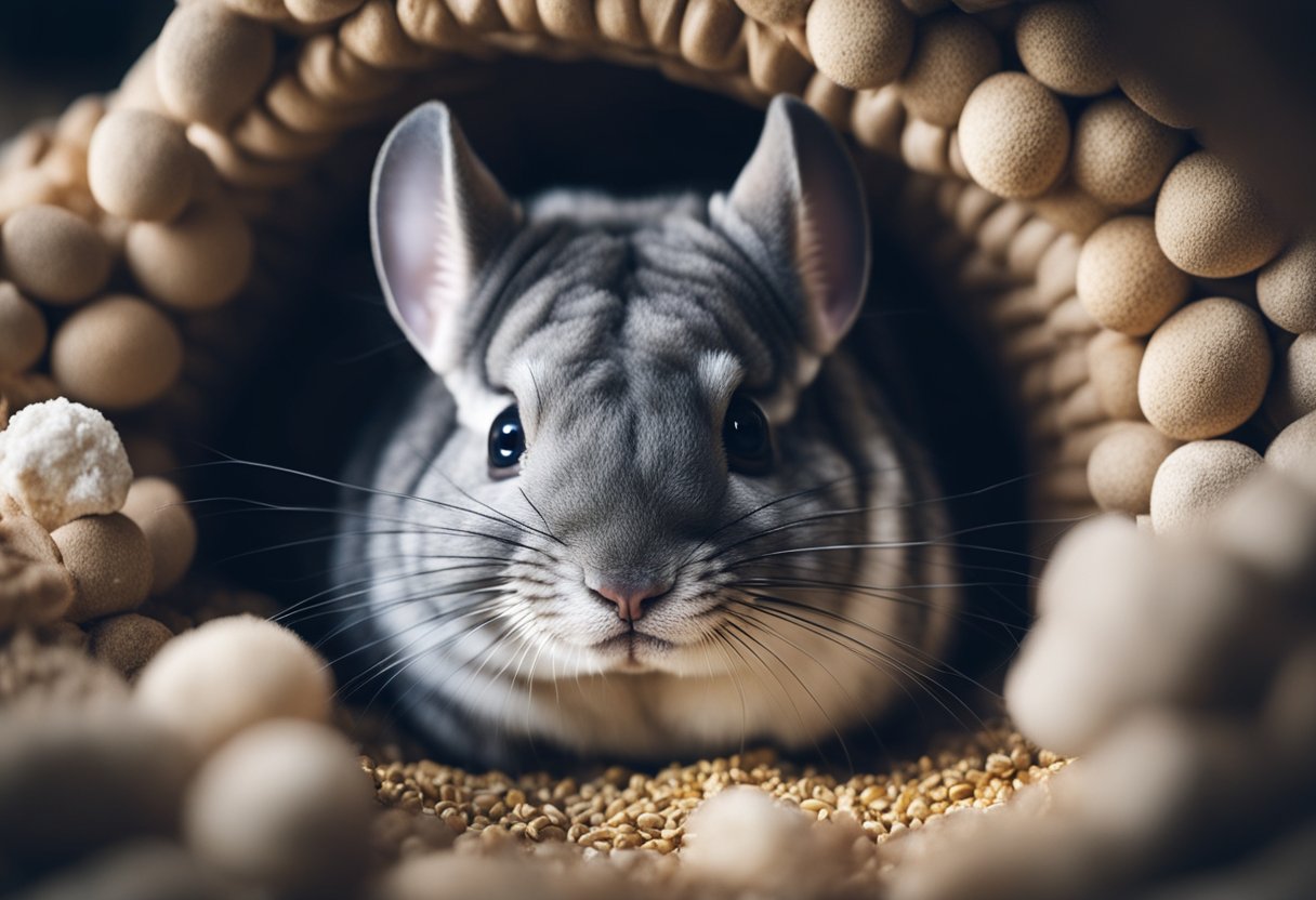 A chinchilla curled up in a cozy burrow, surrounded by fluffy bedding and a few food pellets nearby