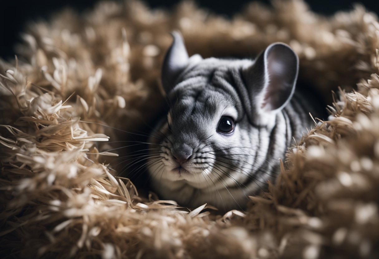 A chinchilla curled up in a cozy burrow, surrounded by soft bedding and dim lighting, with its eyes closed and body relaxed in a state of hibernation