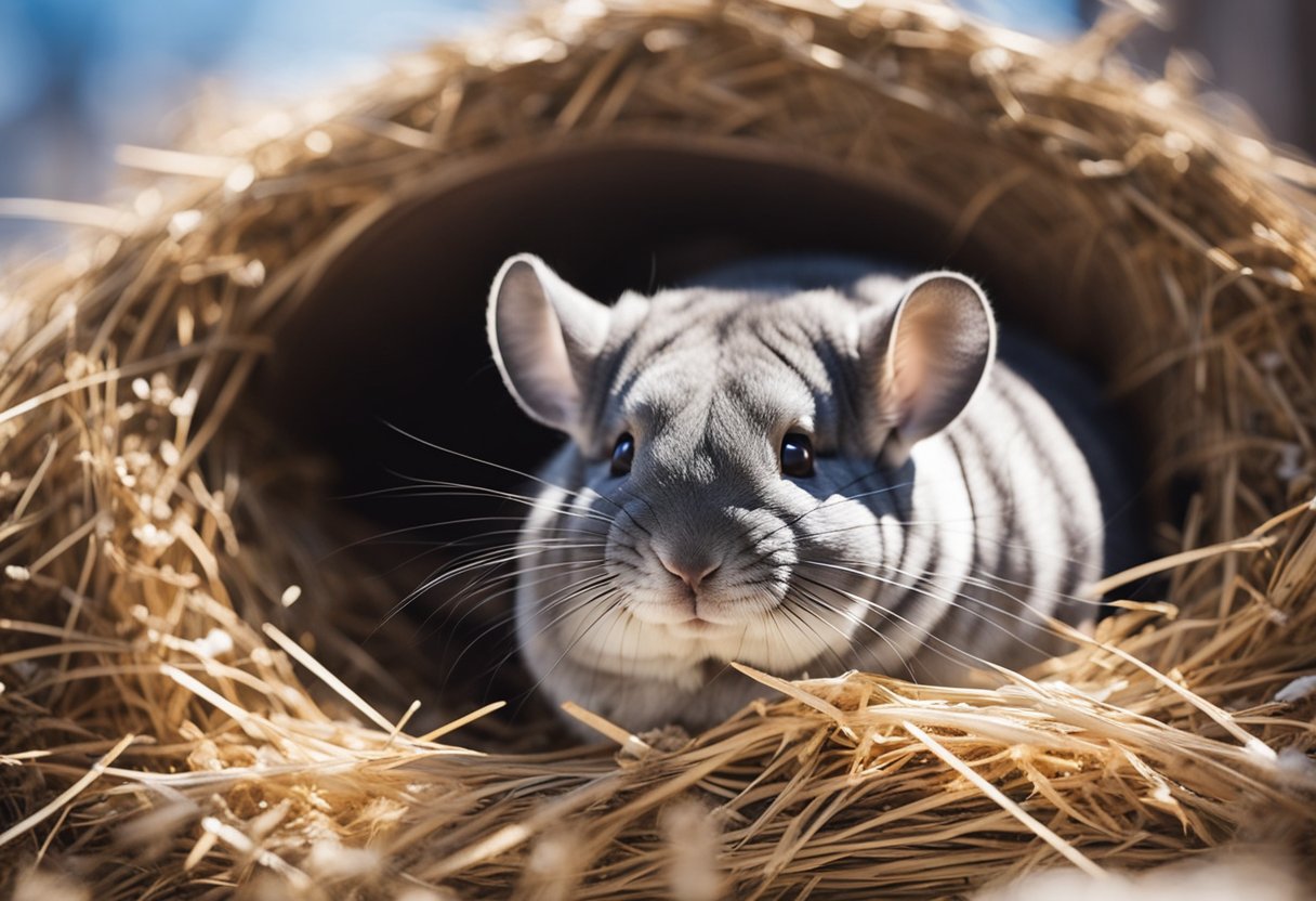 A chinchilla nestled in a cozy nest of hay and soft bedding, surrounded by snowflakes in winter, or basking in the warm sun in summer