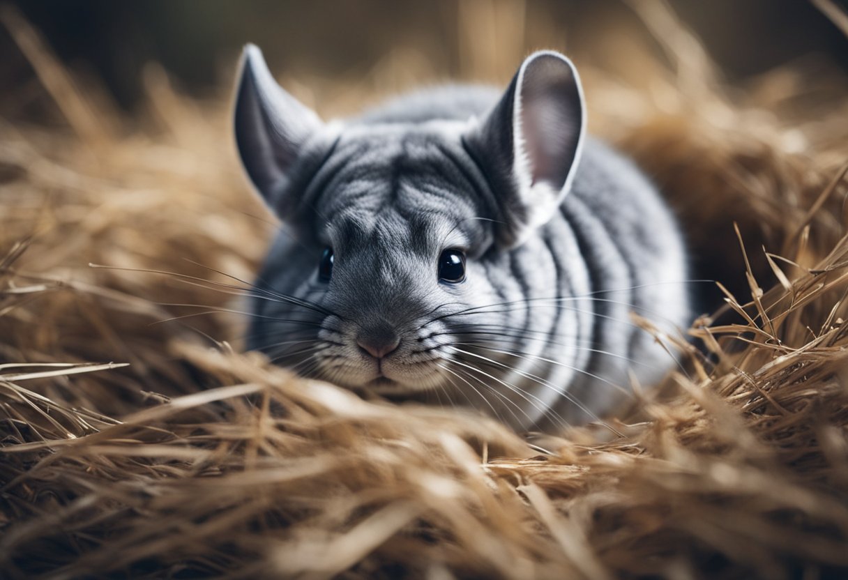 A chinchilla curled up in a cozy nest of dry grass and soft bedding, its eyes closed as it hibernates through the winter months