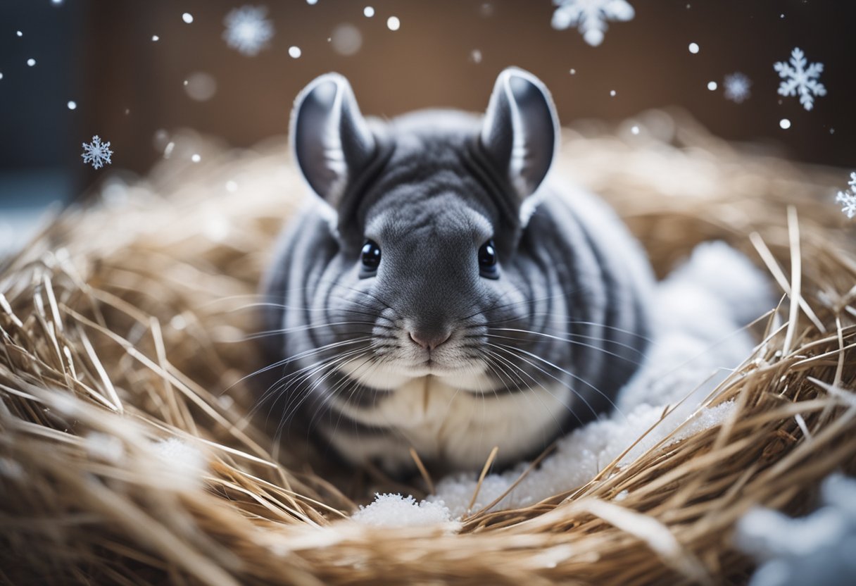 A chinchilla curled up in a cozy nest of straw, surrounded by snowflakes, with a question mark hovering above its head