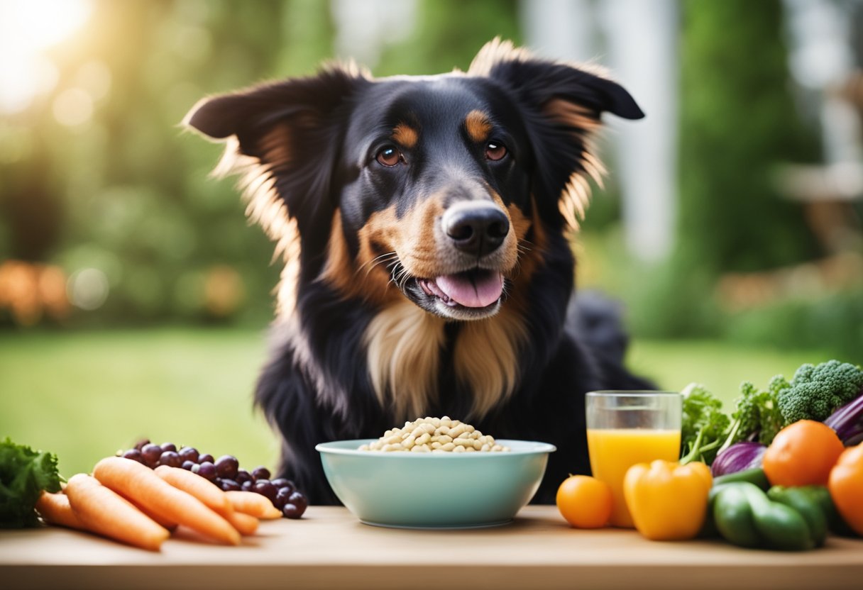 A happy dog eating a balanced meal with probiotics and prebiotics, surrounded by fresh vegetables and a water bowl