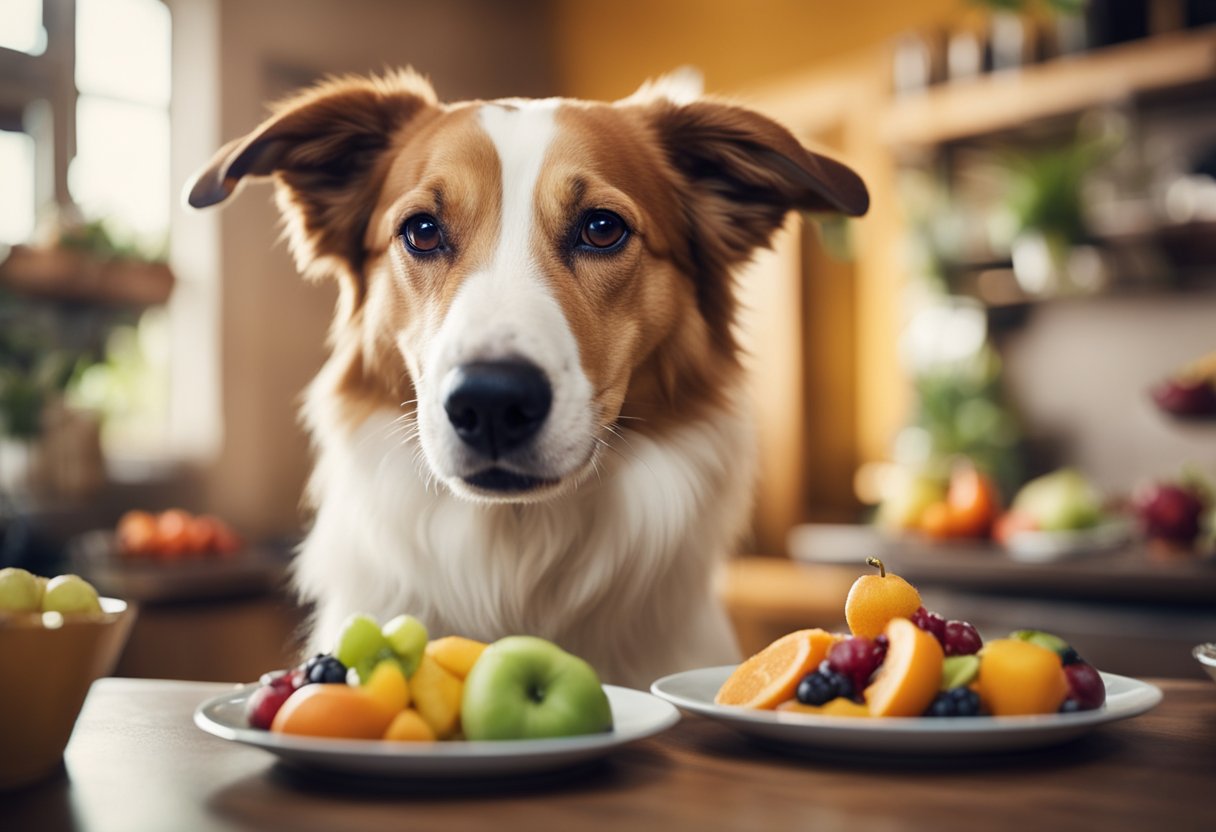 A happy dog eating a balanced meal with a variety of colorful fruits and vegetables surrounded by a vibrant, healthy environment