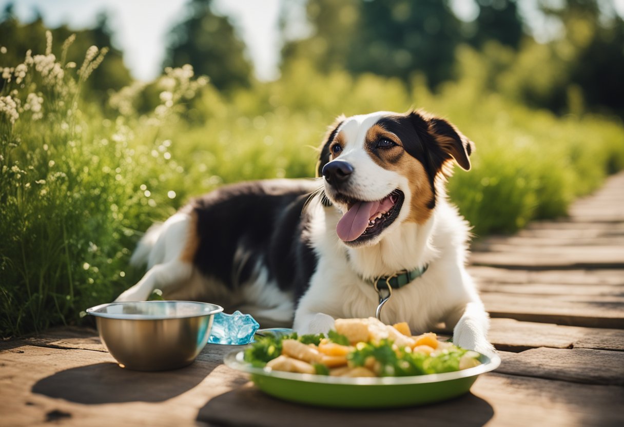 A happy dog eating probiotic-rich food with a bowl of fresh water nearby, surrounded by greenery and a bright, sunny sky