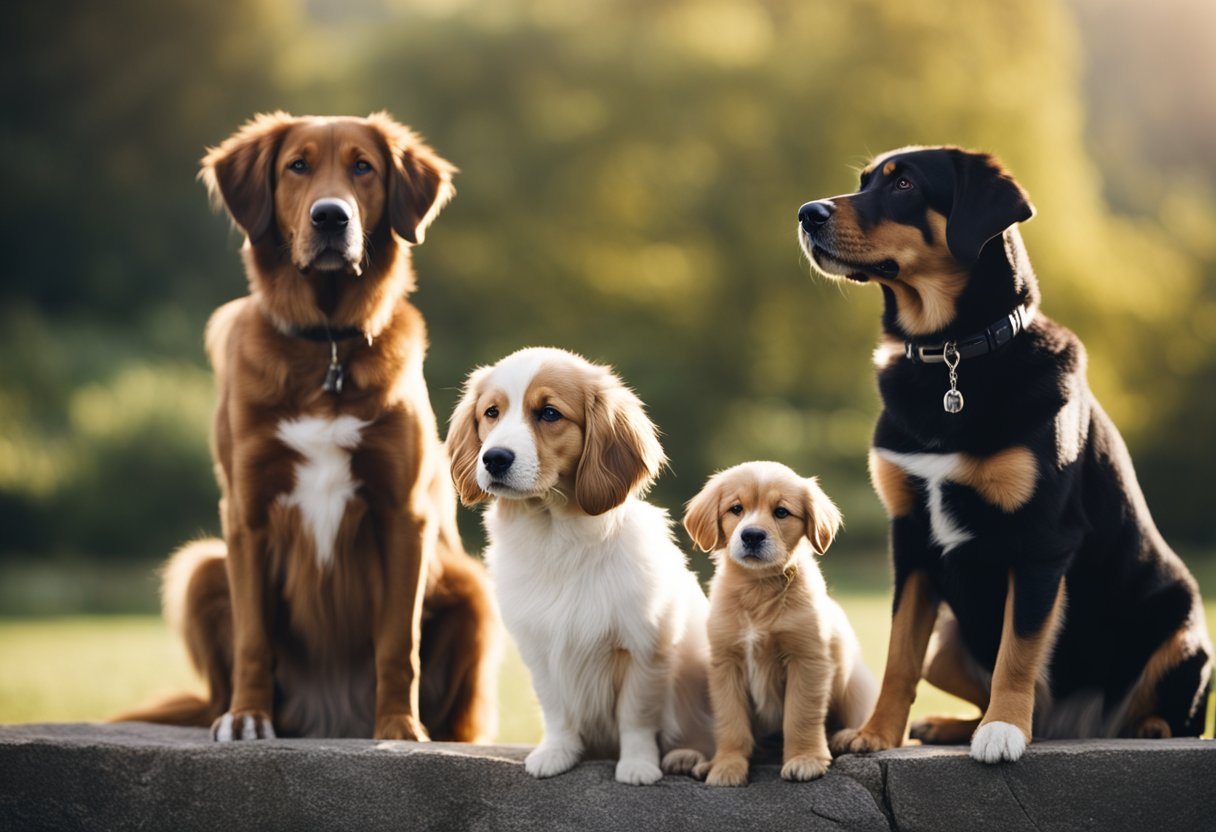 A group of dogs provide emotional support to individuals in a serene outdoor setting