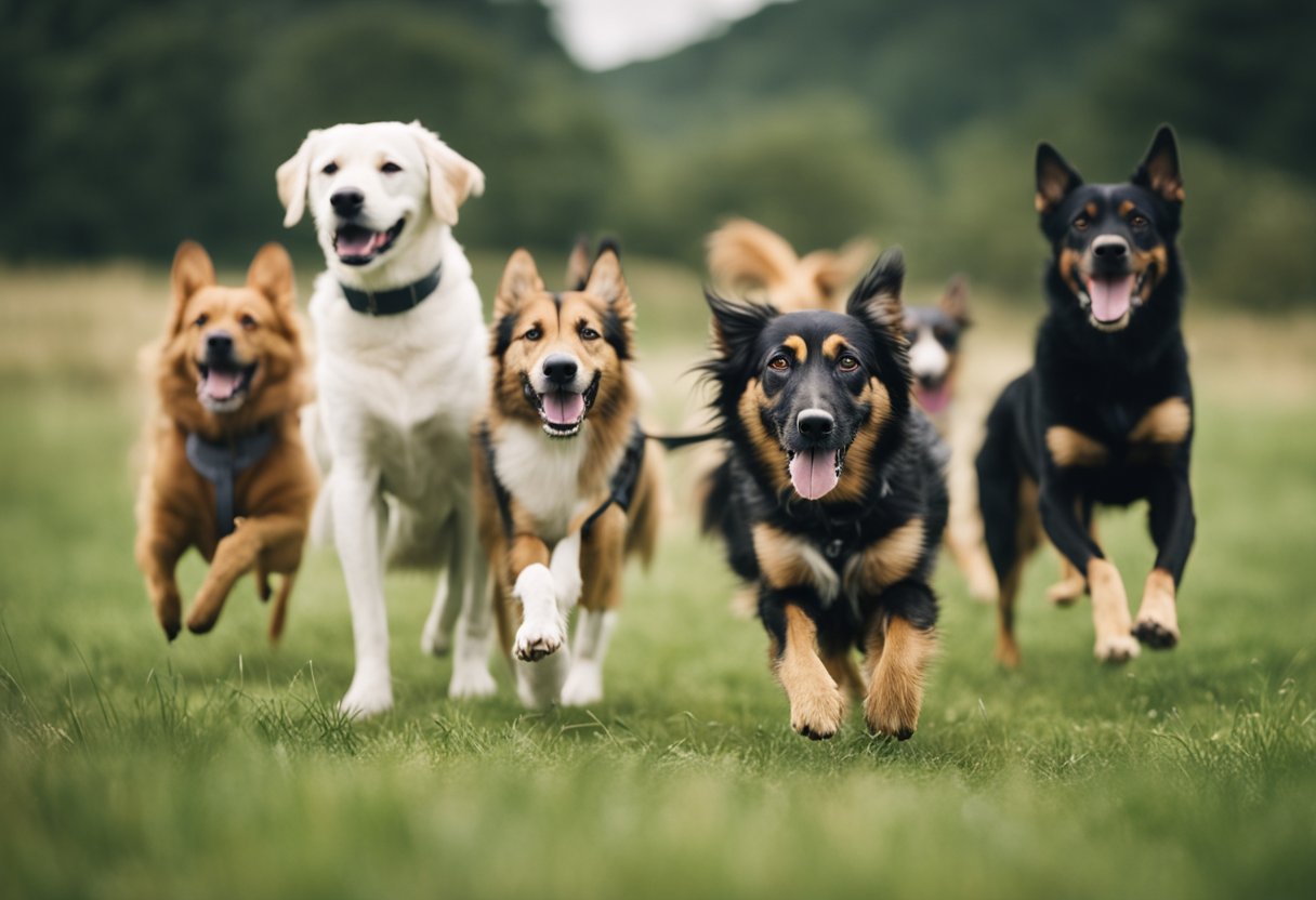 A group of dogs undergo training exercises in a serene, open field, with trainers guiding them through various mental health support tasks