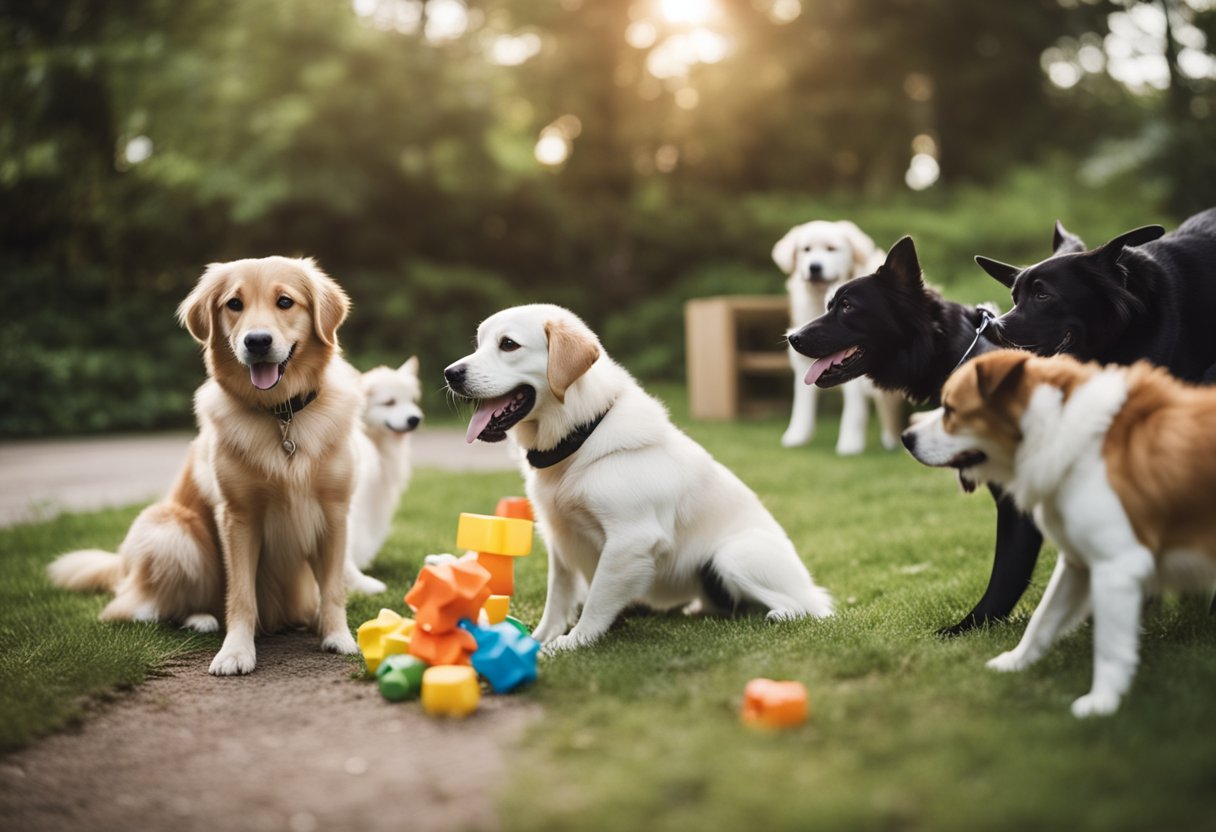 A group of mental health dogs engaging in various activities, such as playing with toys, receiving affection from their owners, and participating in training exercises