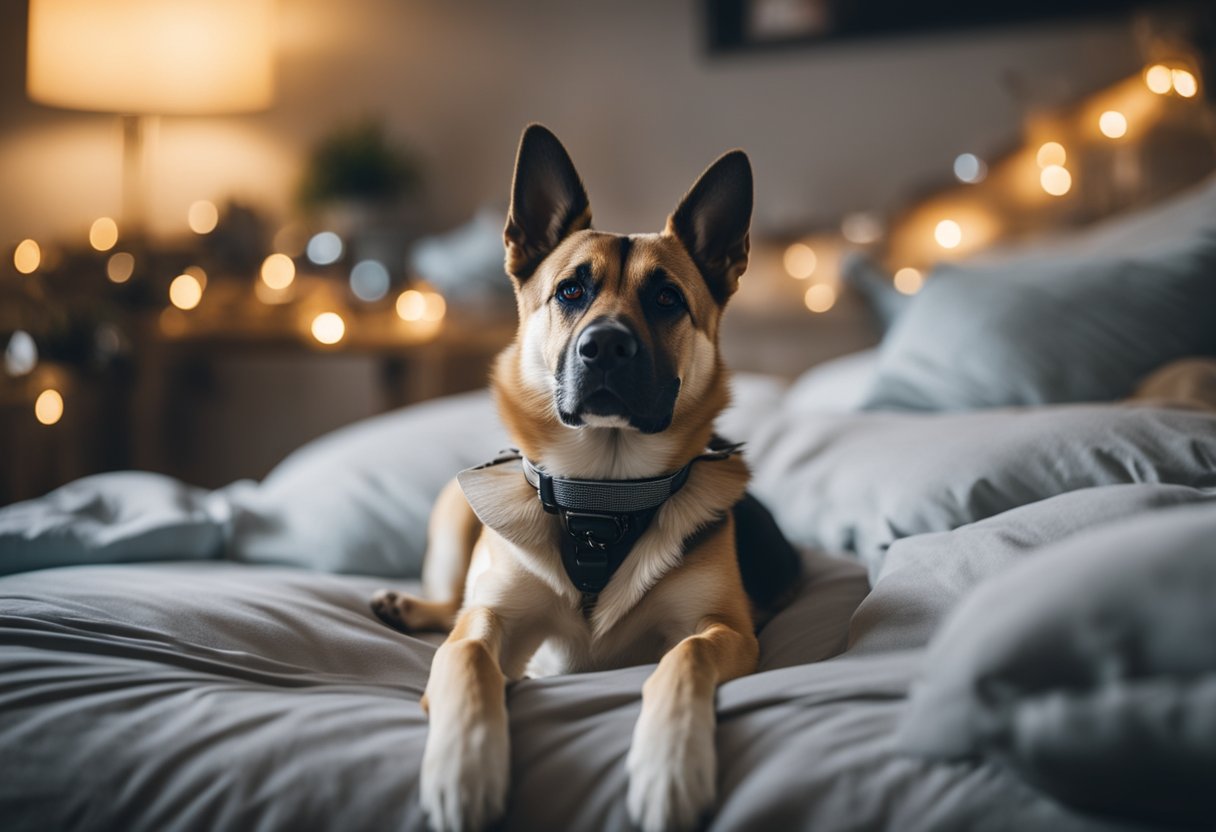 A dog sits calmly on a cozy bed, surrounded by comforting toys and a soothing environment