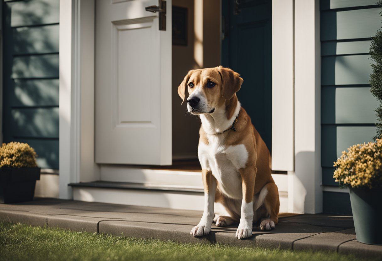 A dog sitting by the door, looking anxious as their owner prepares to leave the house. The dog's ears are drooping, and they are whimpering softly