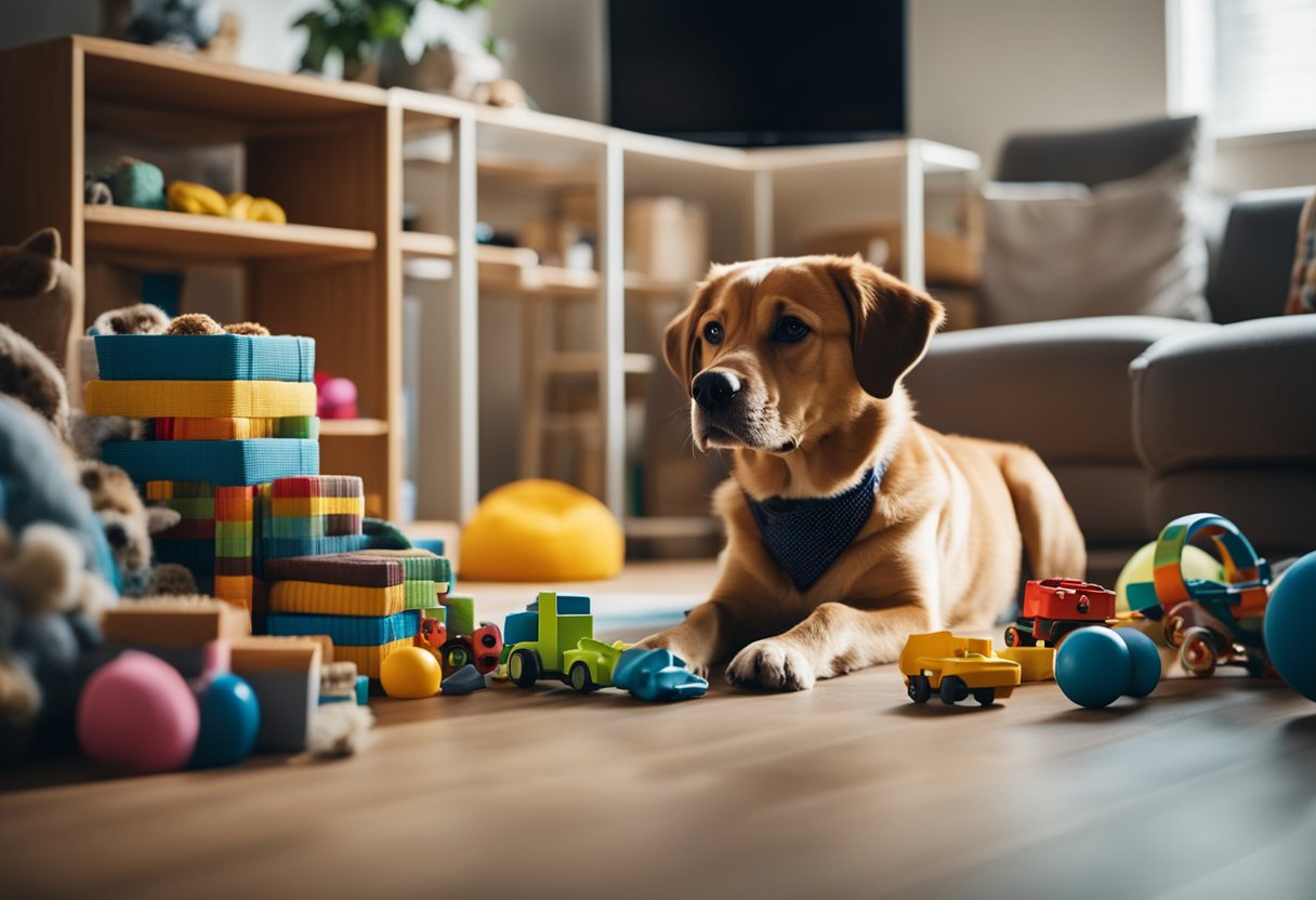 A dog sitting calmly in a designated area, surrounded by toys and comforting items, while the owner leaves the room