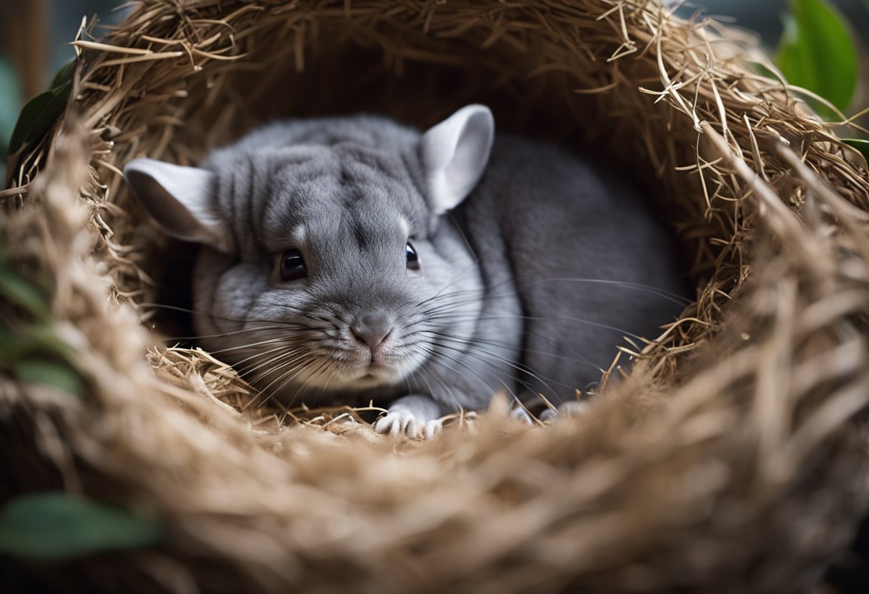 A chinchilla curls up in a cozy nest of soft bedding, eyes closed and body relaxed, peacefully sleeping in a quiet corner of its cage