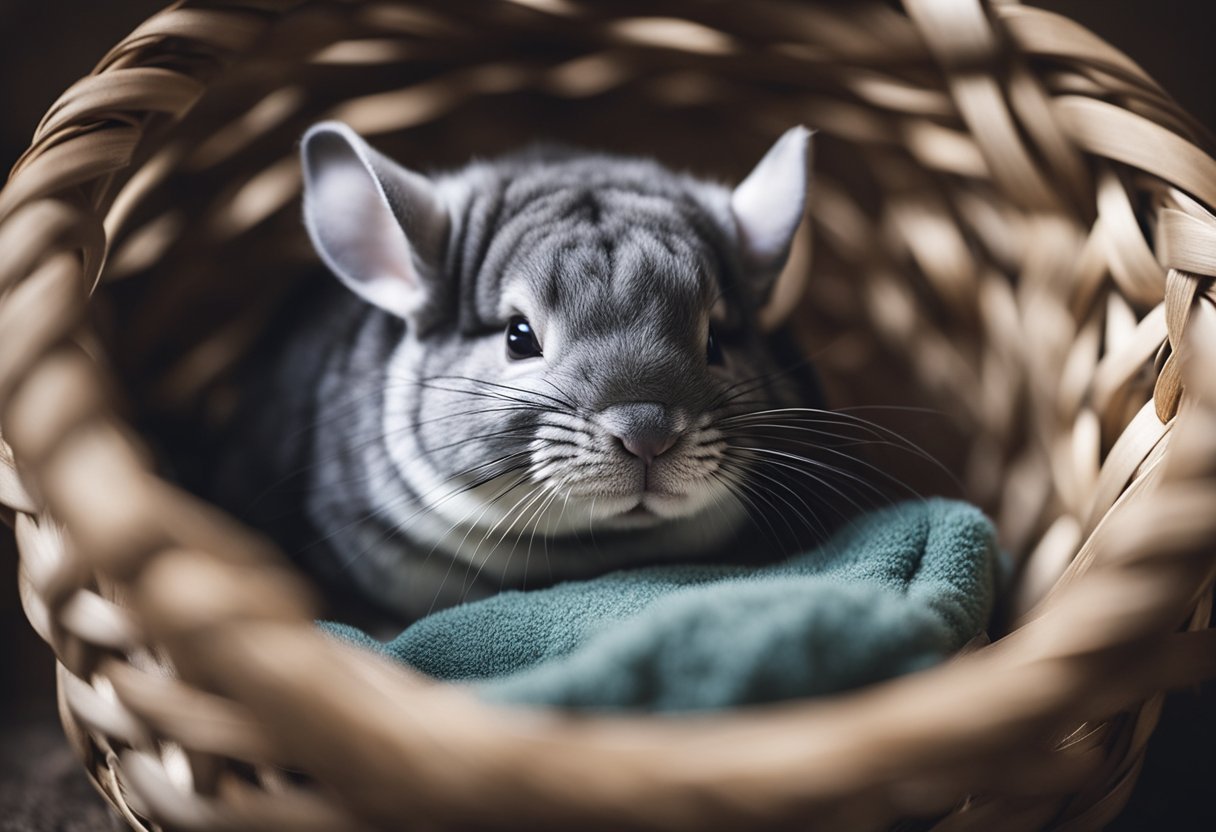 A chinchilla sleeps curled up in a cozy nest of soft bedding, nestled in a quiet corner of its cage, with its eyes closed and its body relaxed