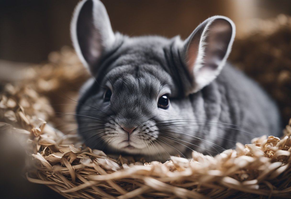 A chinchilla curled up in a cozy nest of soft bedding, eyes closed and body relaxed, peacefully sleeping in a quiet corner of its habitat