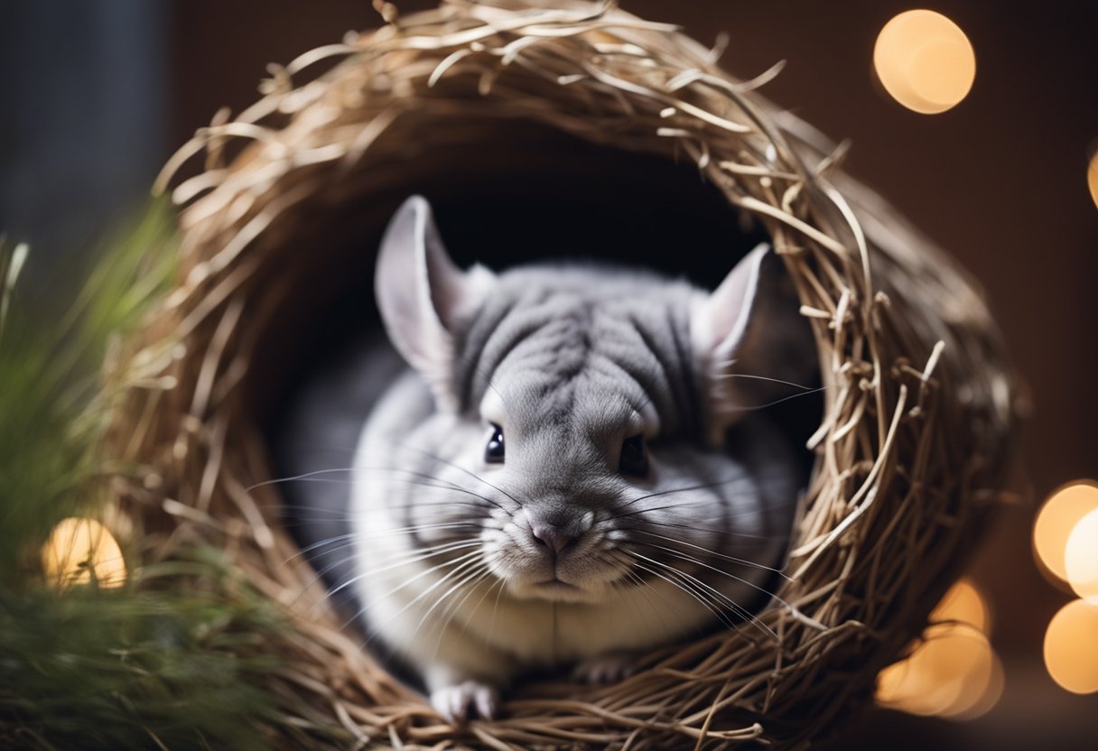 A chinchilla curled up in a cozy nest of soft bedding, eyes closed, peacefully sleeping in a quiet corner of its cage