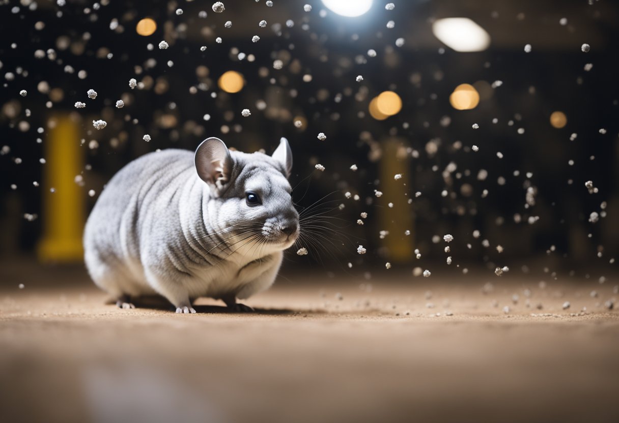 A chinchilla dust cloud hovers in a well-ventilated room, with caution signs and protective gear nearby