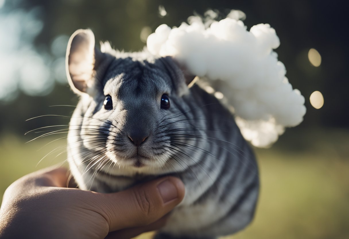 A chinchilla dust cloud hovers near a person's face, causing coughing and sneezing