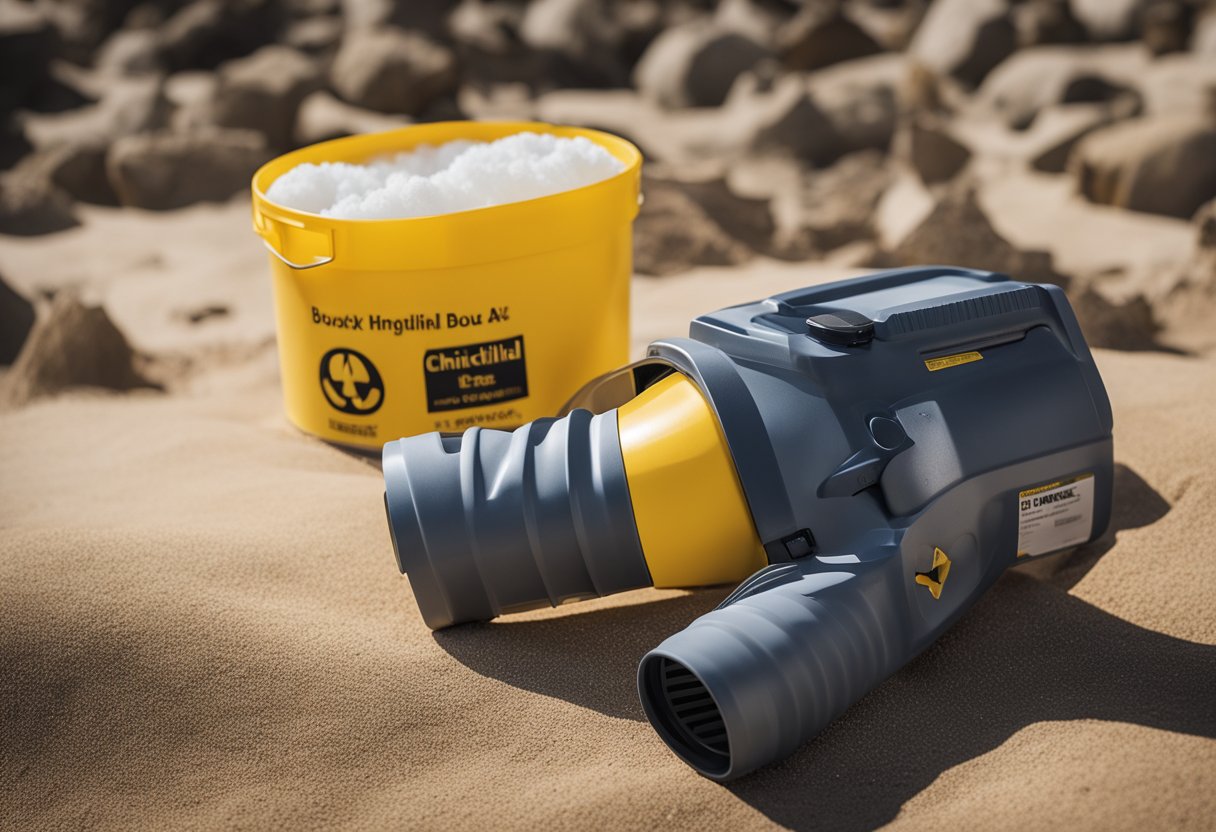 A chinchilla dust container with a warning label, safety gloves, and a face mask