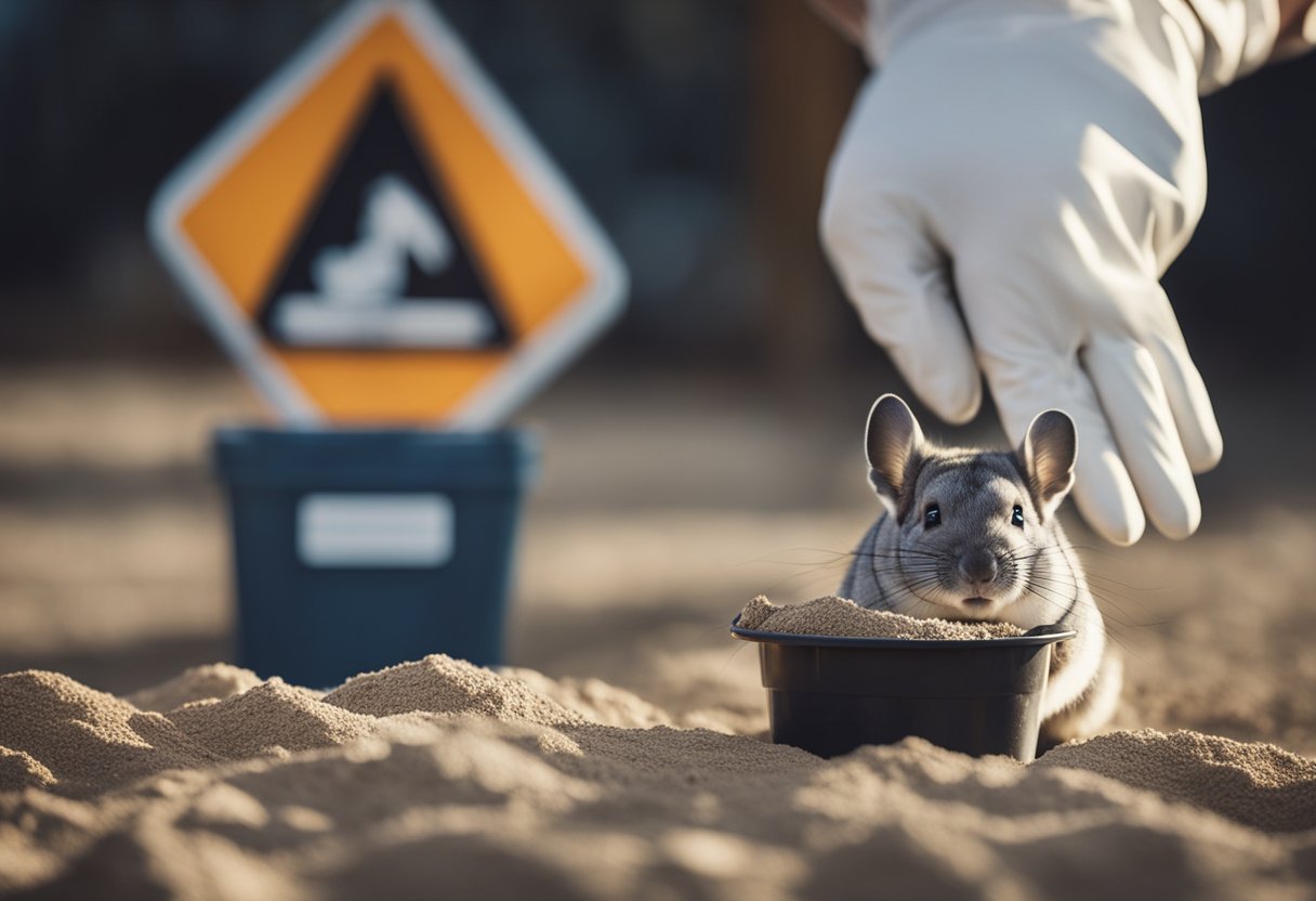 A chinchilla dust bath container with a warning symbol and a person wearing gloves handling it cautiously