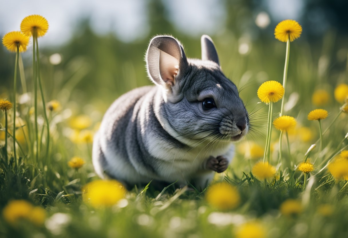 A chinchilla nibbles on dandelions in a grassy field