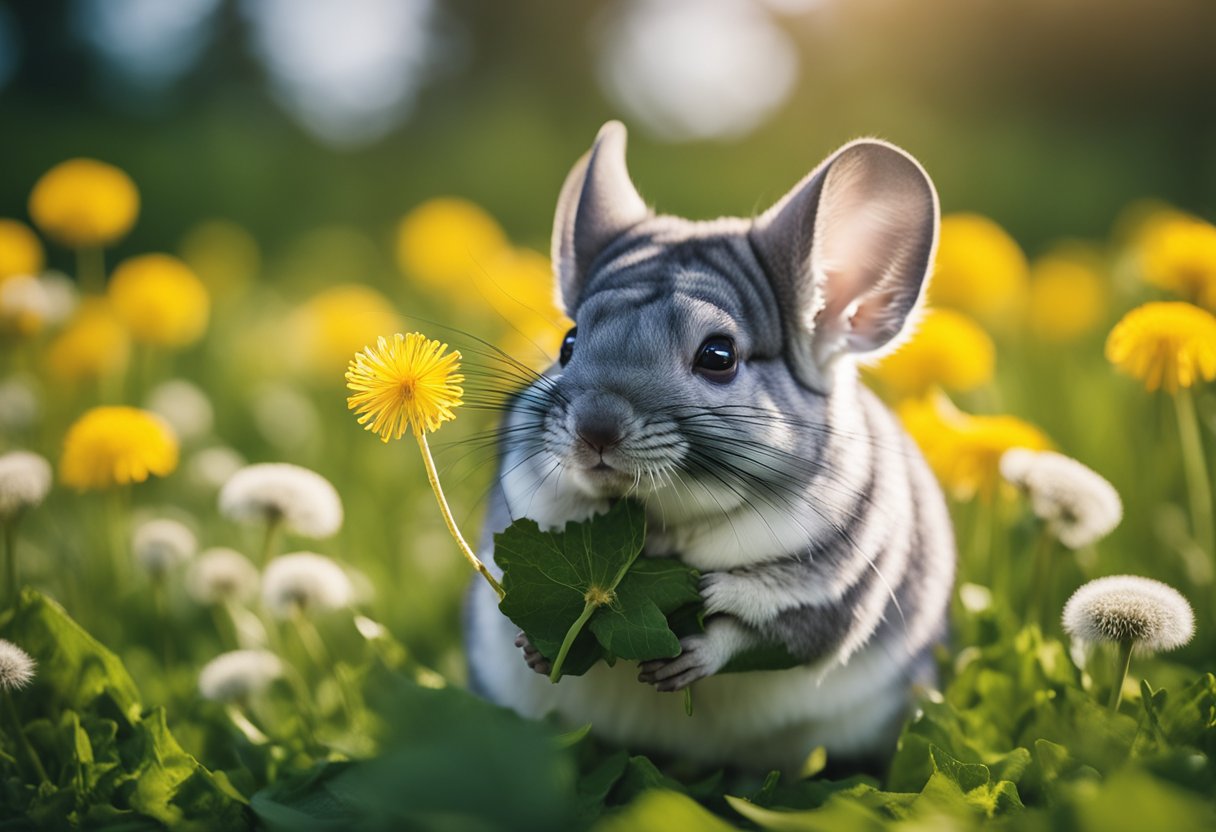 A chinchilla happily munches on a bunch of fresh dandelion leaves, surrounded by vibrant greenery and colorful flowers in a sunny meadow