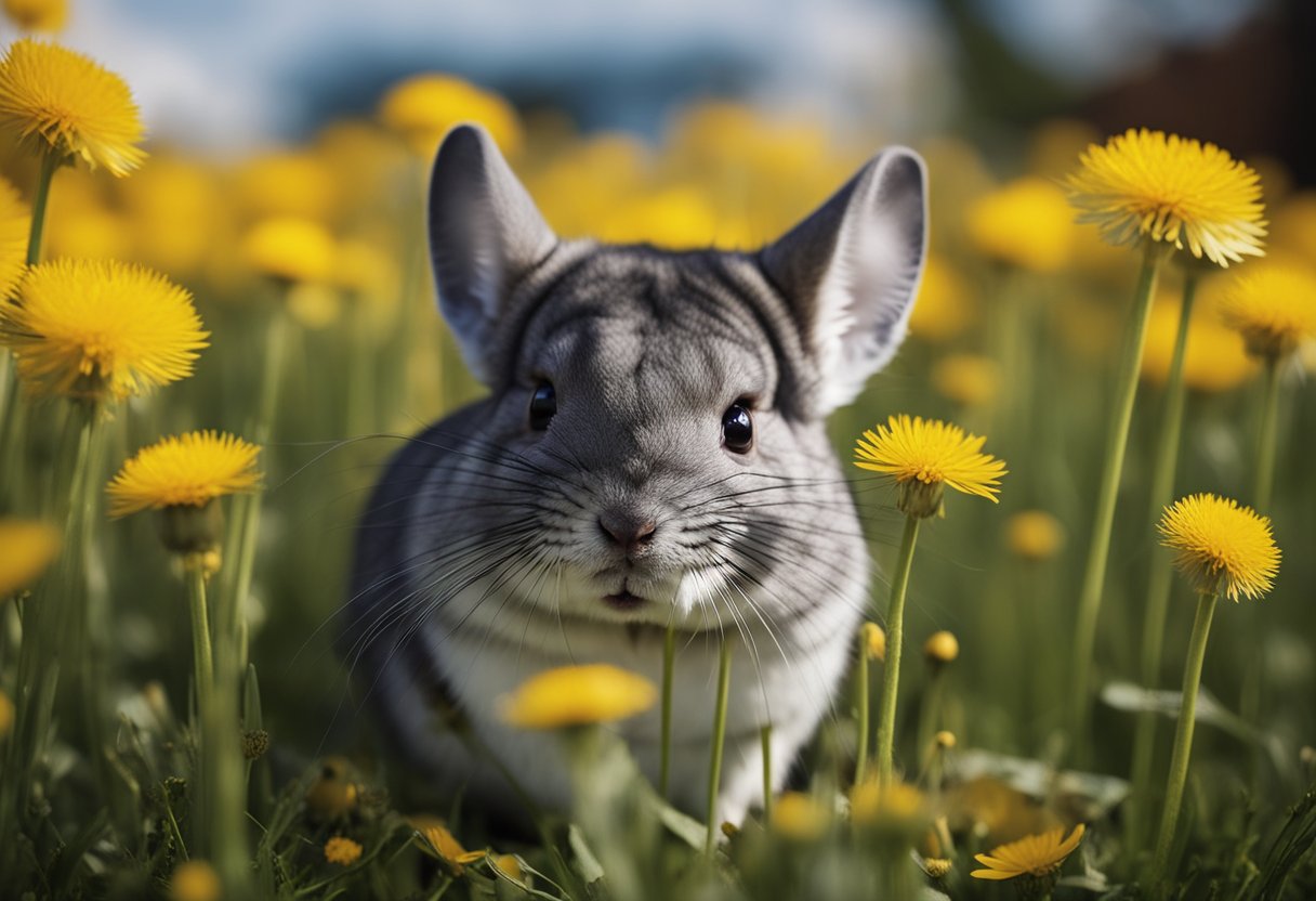 A chinchilla nibbles on a bright yellow dandelion, surrounded by a field of dandelions