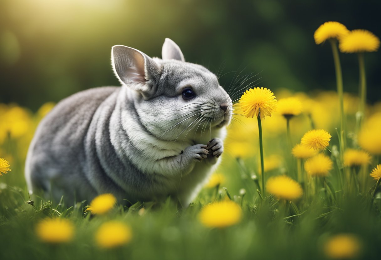 A chinchilla nibbles on a bright yellow dandelion in a lush green meadow