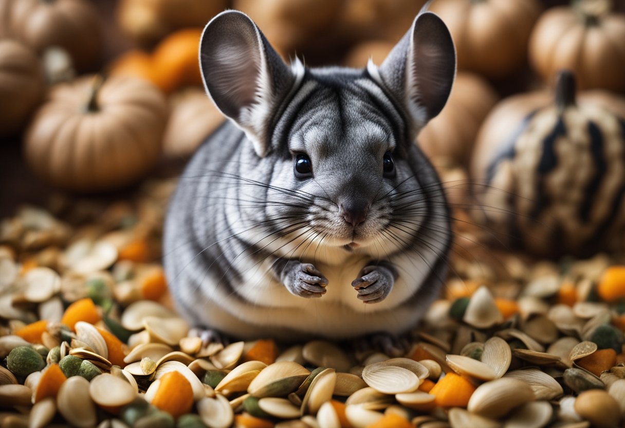 A chinchilla nibbles on pumpkin seeds, surrounded by scattered shells and a few whole seeds