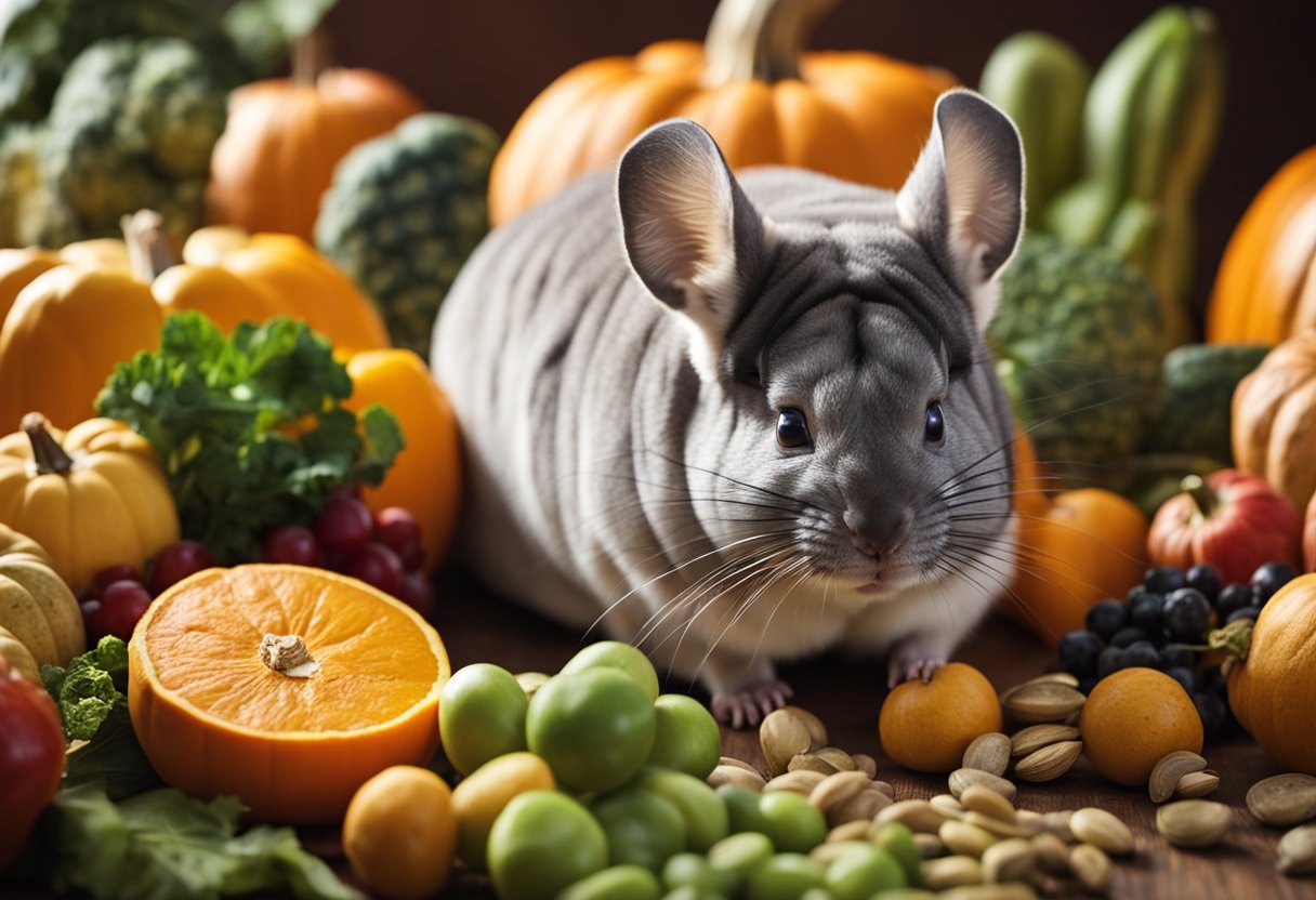 A chinchilla surrounded by a variety of fruits and vegetables, including pumpkin seeds, with a question mark above its head