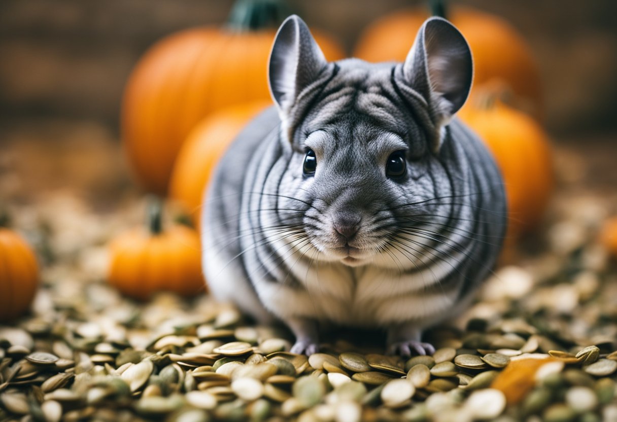 A chinchilla surrounded by pumpkin seeds, sniffing and inspecting them cautiously