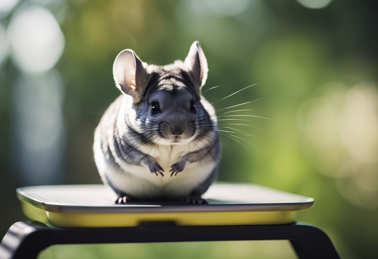 A chinchilla sitting on a scale, with the weight displayed