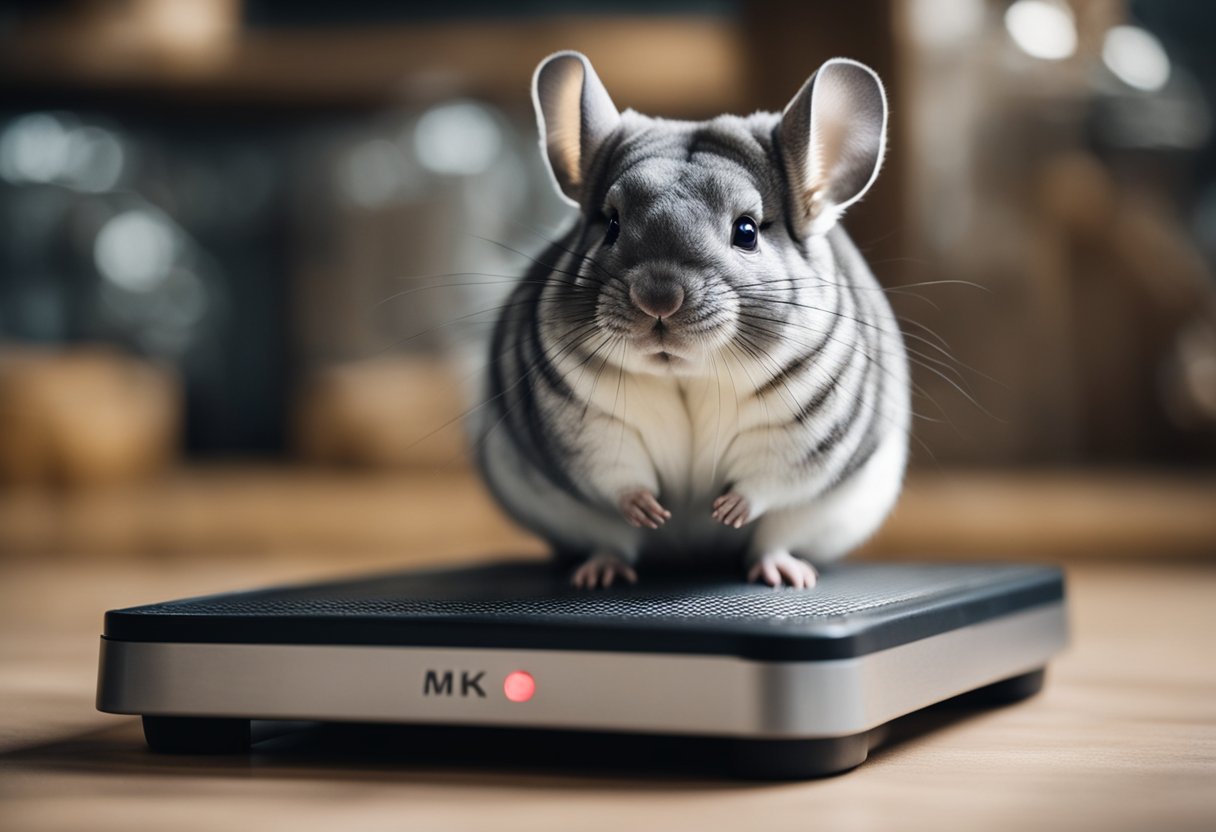 A chinchilla standing on a scale, with its weight displayed