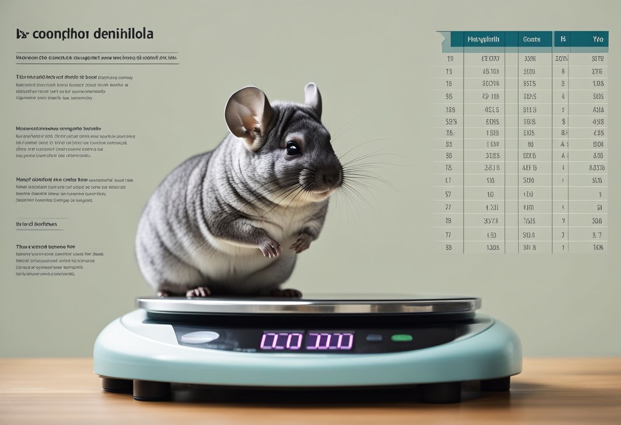 A chinchilla stands on a scale, its weight displayed. A chart on the wall shows factors influencing weight