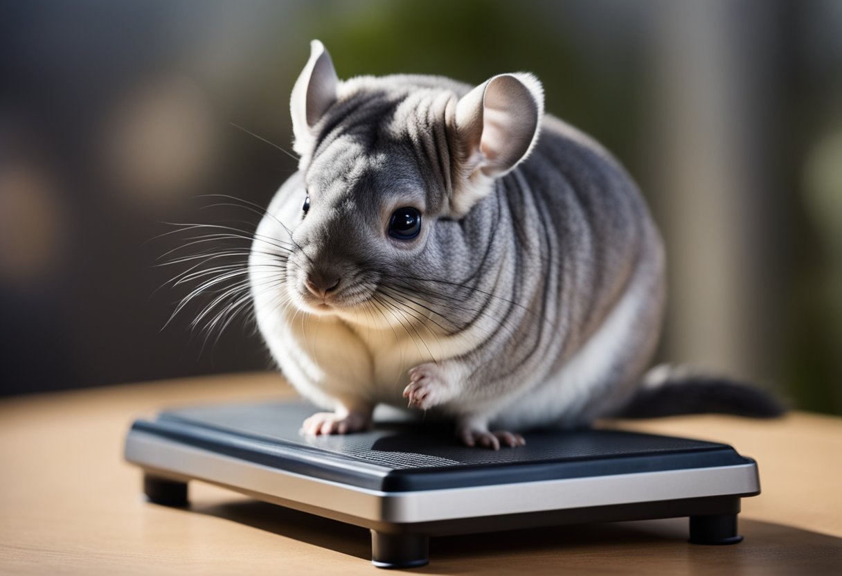 A chinchilla sits on a scale, its small body still as it weighs in. The scale shows the number in clear view