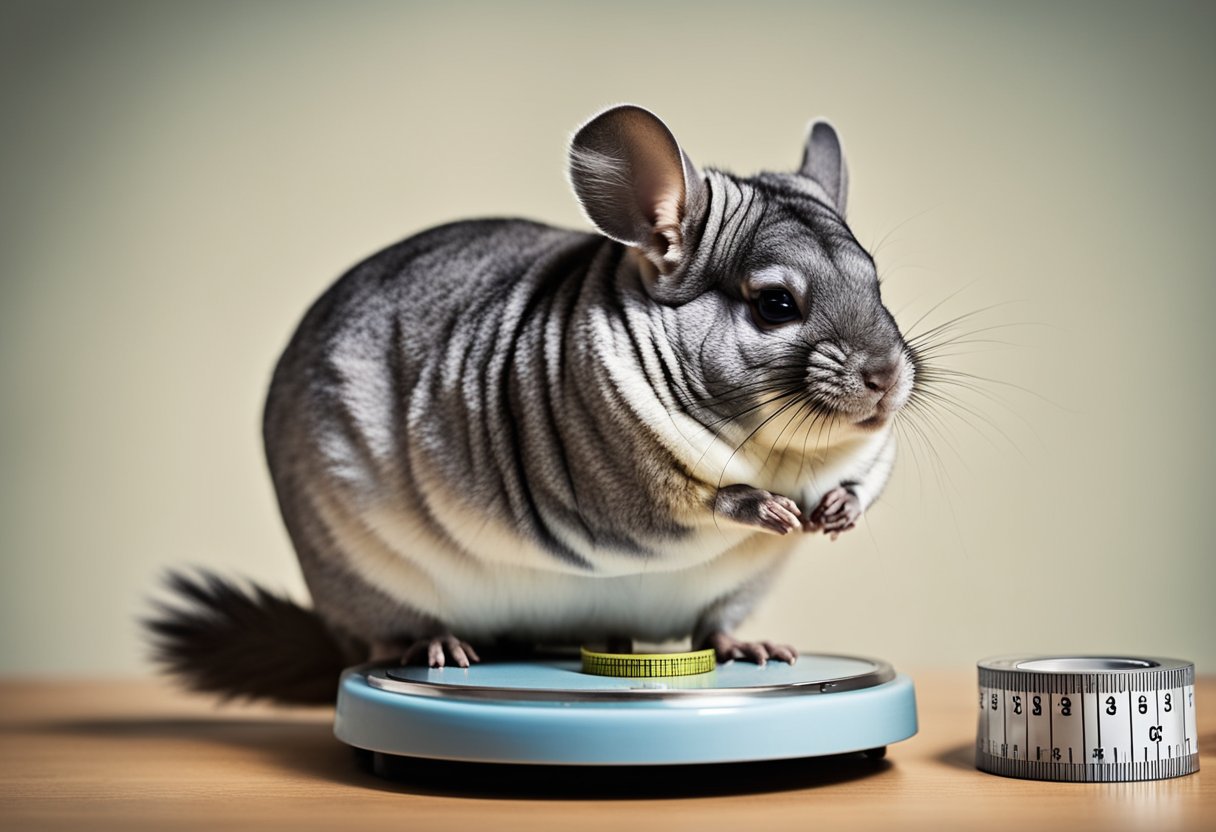 A chinchilla standing on a scale, with its weight displayed, surrounded by measuring tape and a chart of different chinchilla weights