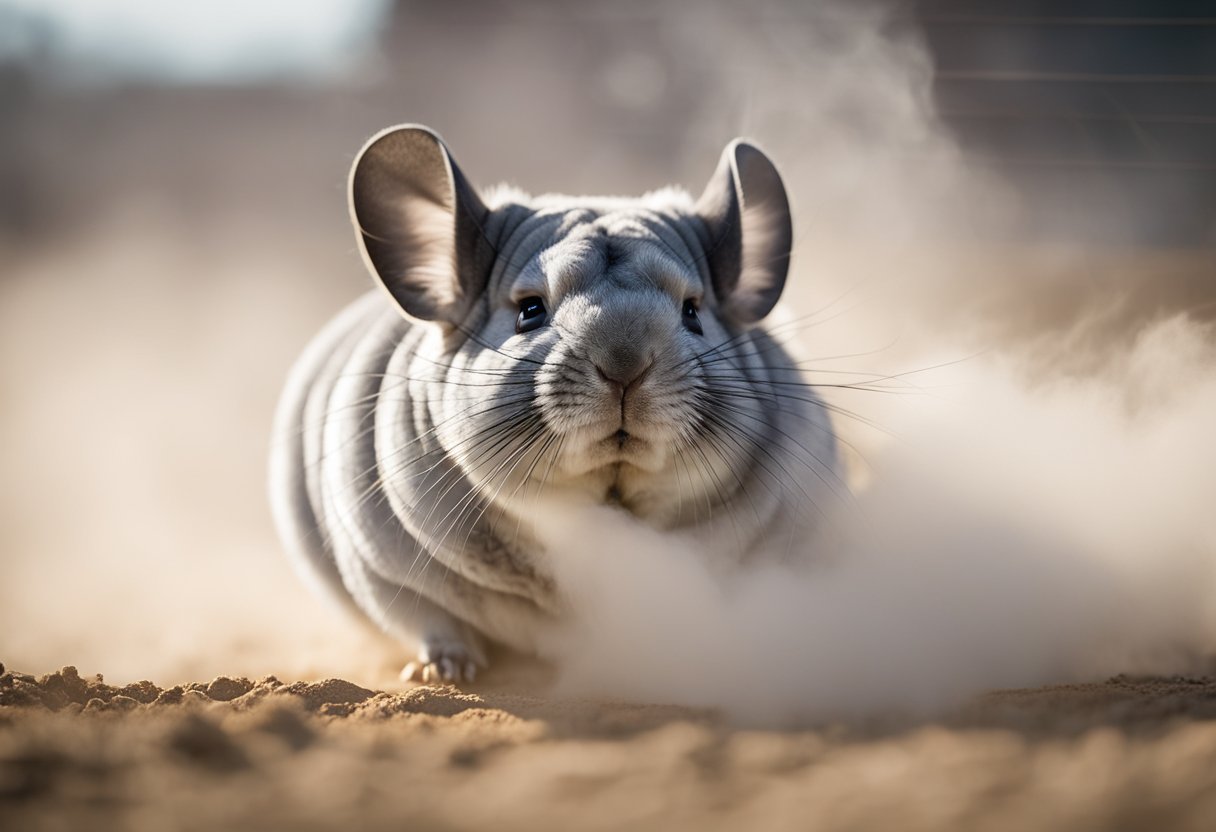 A chinchilla rolling in a cloud of fine dust, its fur coated in a powdery layer, enjoying a dust bath in a spacious cage