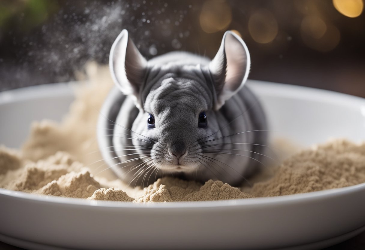 A chinchilla rolling in a shallow dish of dust powder, fluffing its fur and shaking off excess powder