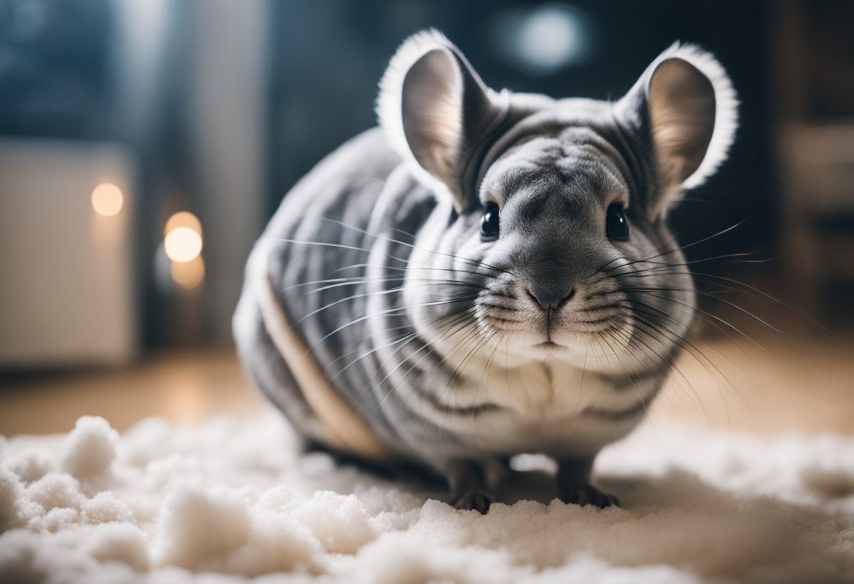 A chinchilla being gently dusted with powder in a cozy, well-lit room