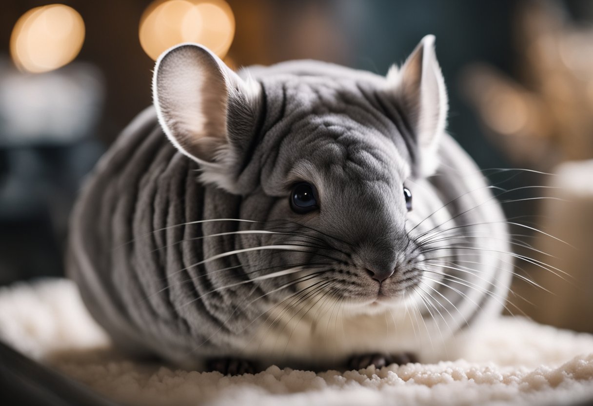 A chinchilla being gently dusted with powder in a cozy, well-lit grooming area